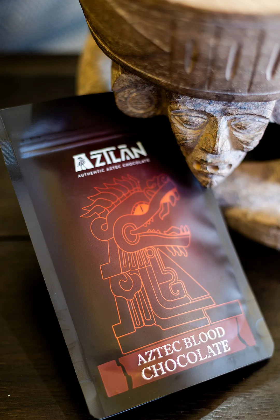 AztecBlood pouch in vertical detail with stone figure